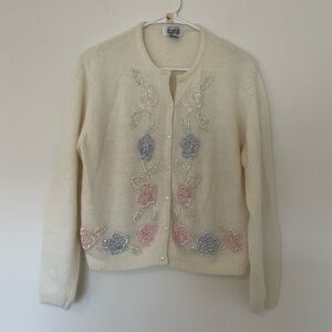 Vintage Sostanza Angora Blend Beaded Flowers Cardigan Medium Grandma-core Soft